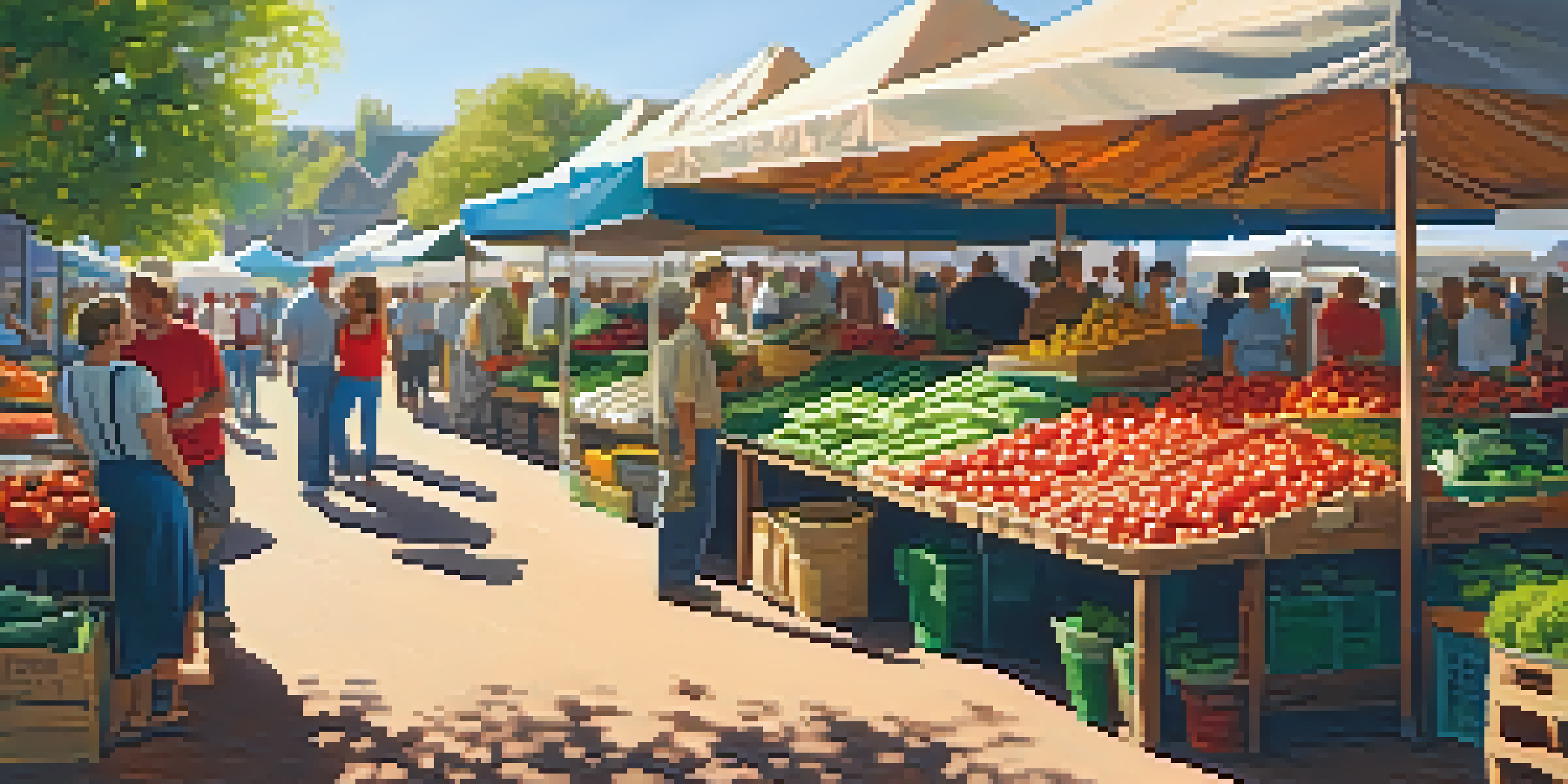 A bustling farmers' market with colorful fresh produce and people engaging with vendors.