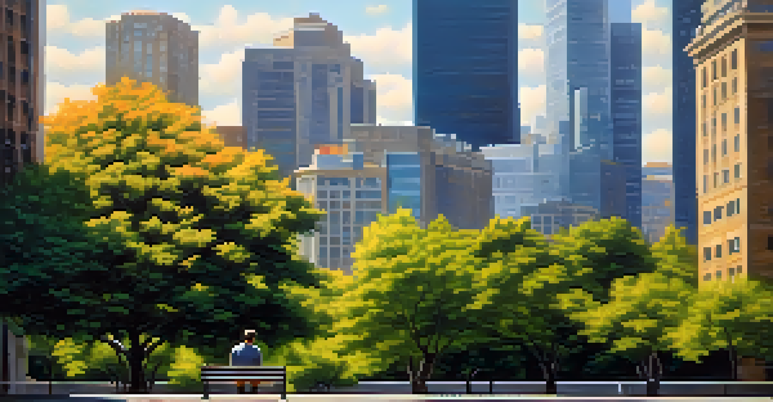 A person sitting alone on a bench in a park, reflecting amidst the urban surroundings.
