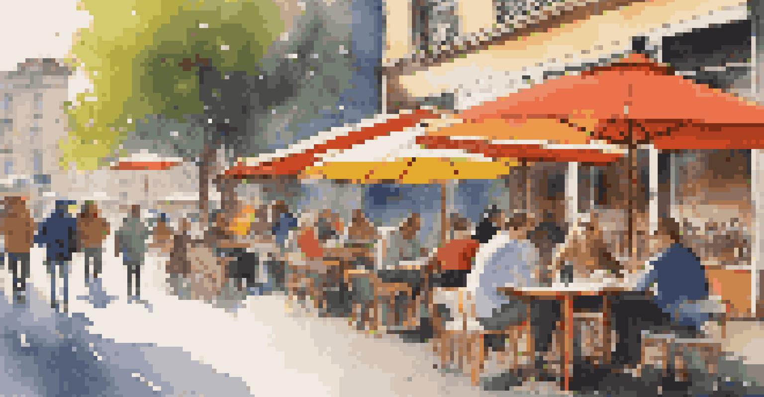 A lively outdoor cafe with people working on laptops and enjoying coffee, surrounded by colorful umbrellas and street art.