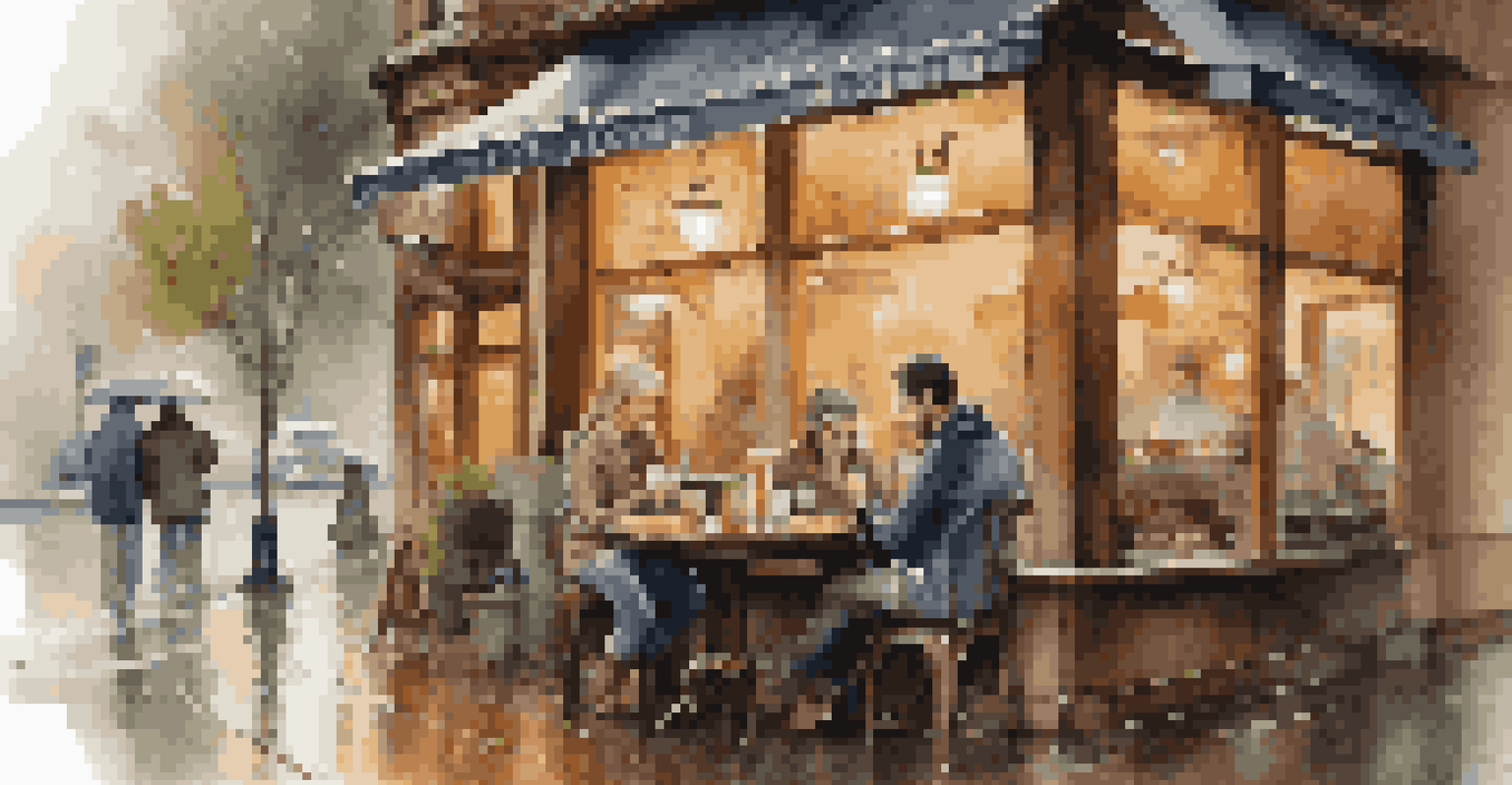 A cozy café on a rainy day with a couple enjoying dessert and a barista making coffee.