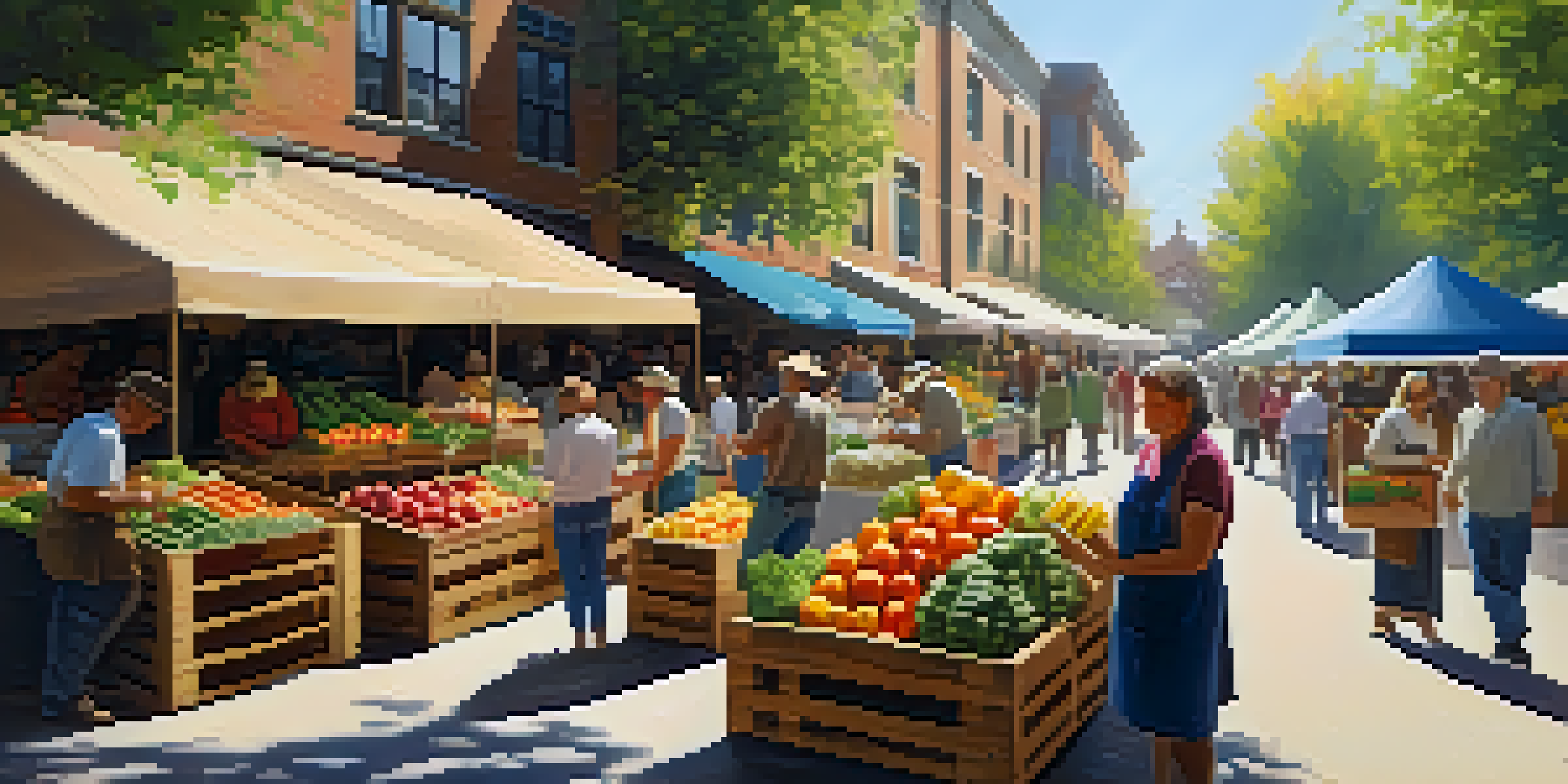 A bustling farmers' market with colorful fresh produce and artisanal goods, vendors interacting with customers under sunlight filtering through leaves.