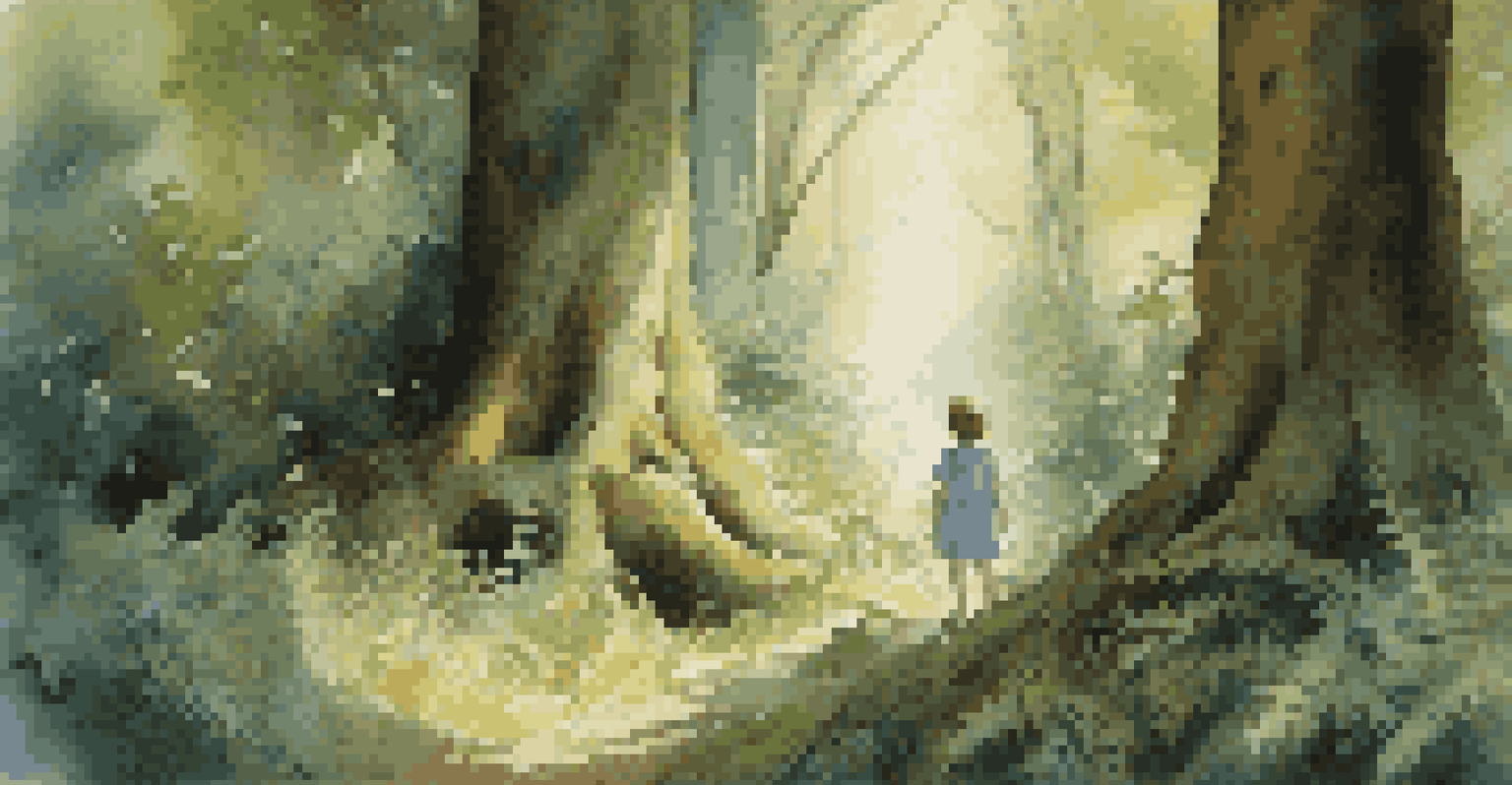 A child exploring an enchanting forest, discovering a mythical creature among the trees and flowers, with sunlight filtering through the leaves.