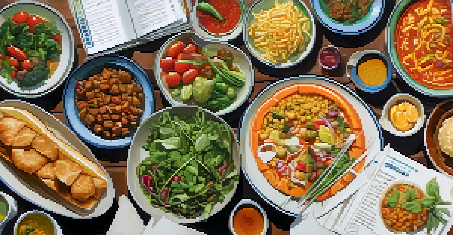 An overhead view of a traveler's meal budget with street food and a budget sheet in a lively market setting.