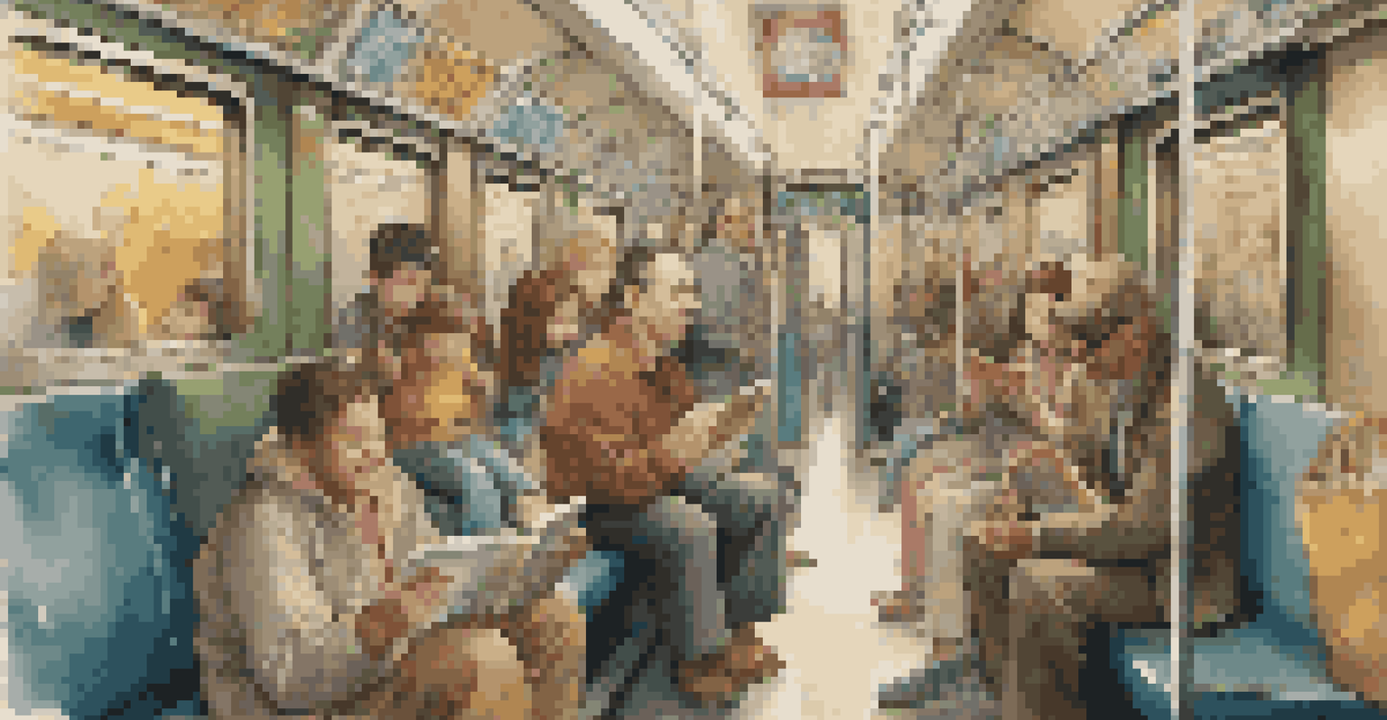 Inside a subway train filled with families and individuals, children playing, adults reading, and warm lighting creating a cheerful atmosphere.