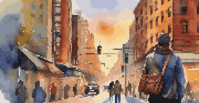 A traveler with a crossbody bag in a busy city, illuminated by a warm sunset, surrounded by diverse street scenes.