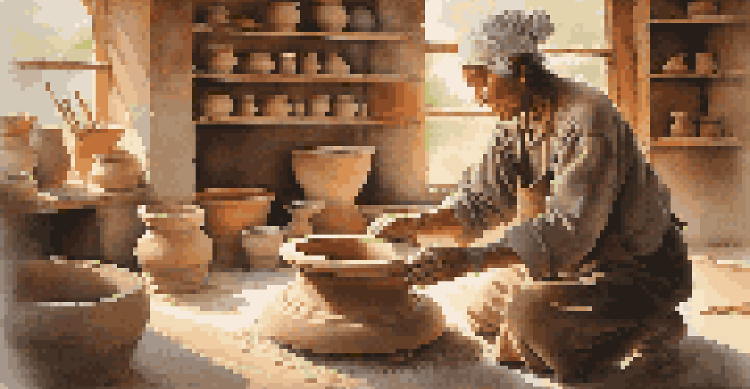 An artisan shaping clay pottery on a spinning wheel, surrounded by rustic tools and artworks, with soft light filtering through a window.