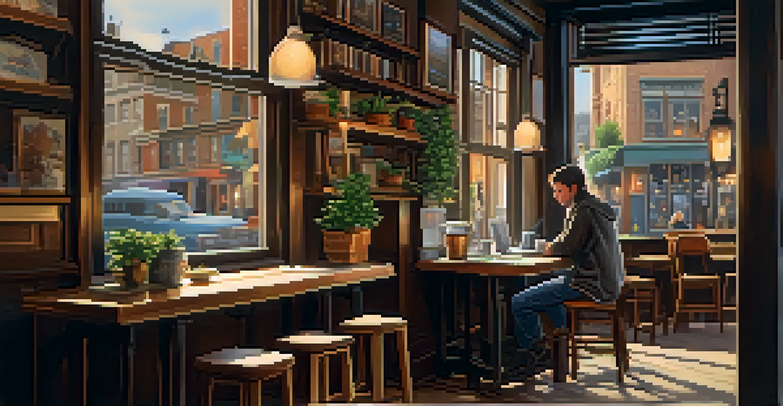 A traveler working on a laptop in a cozy coffee shop, with a warm atmosphere and a bustling street view outside.