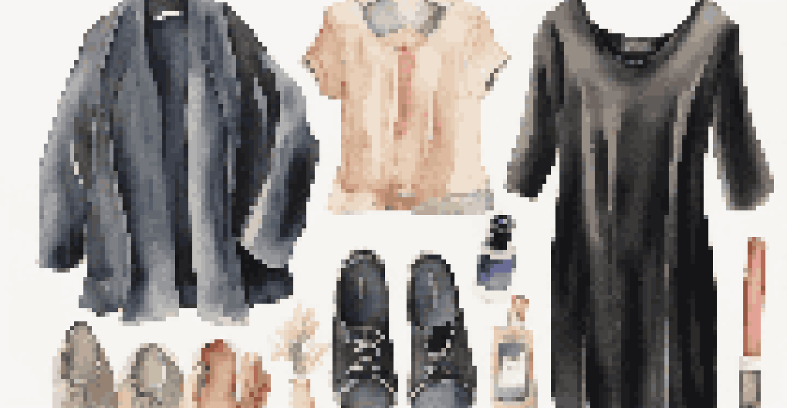 Versatile clothing items including a black dress and cardigan placed neatly on a flat surface, with stylish walking shoes beside them.