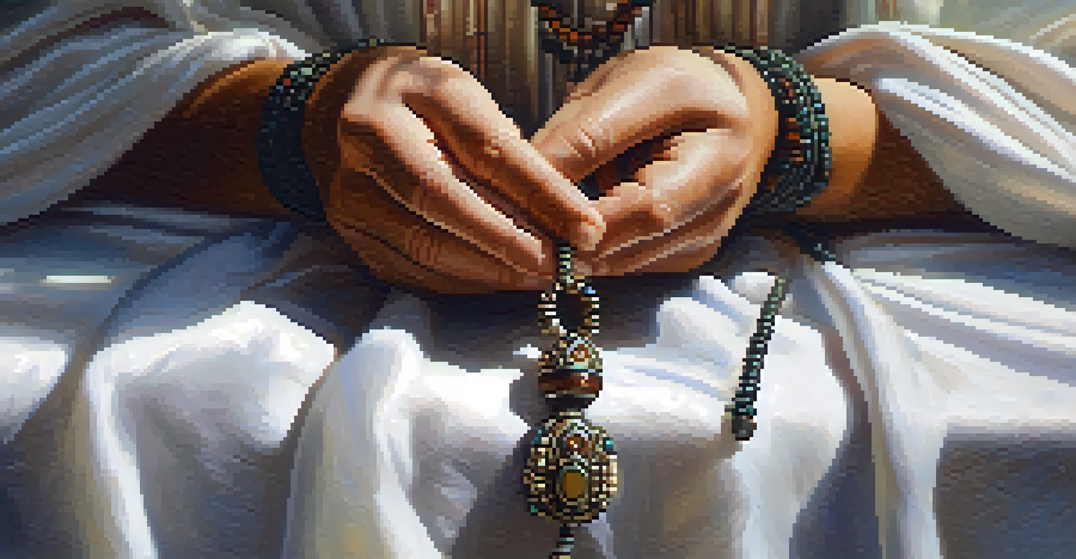 A close-up of hands holding a prayer bead necklace in a peaceful indoor setting with soft natural light.