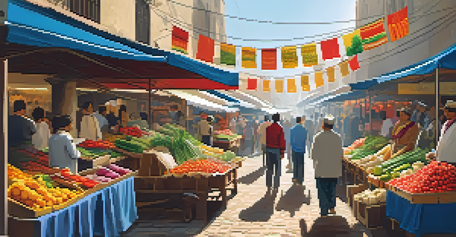 A lively local market showcasing fresh produce and cultural foods, with travelers interacting with vendors under bright daylight.