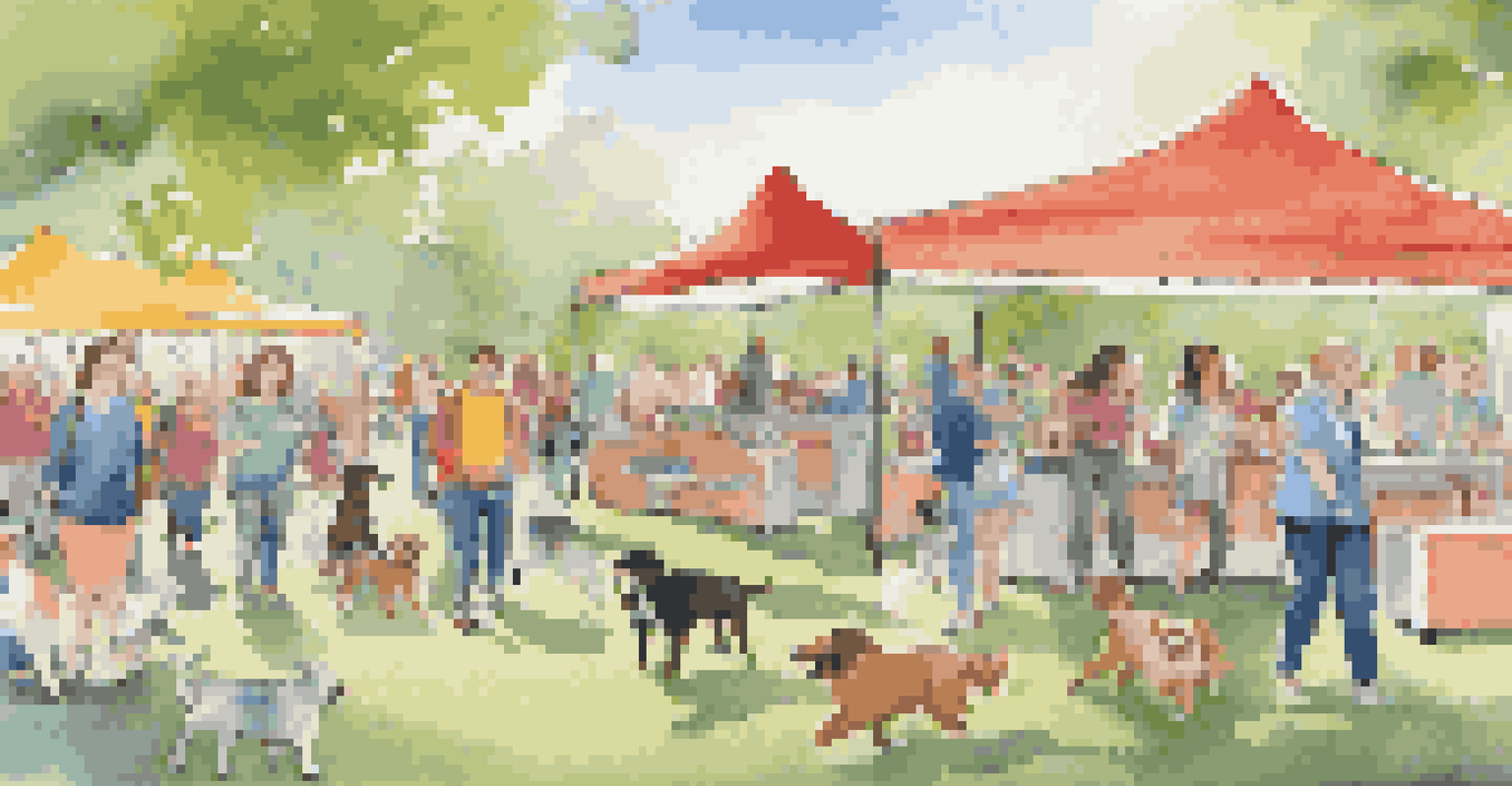 A lively pet travel event with owners and dogs enjoying outdoor activities in a vibrant park.