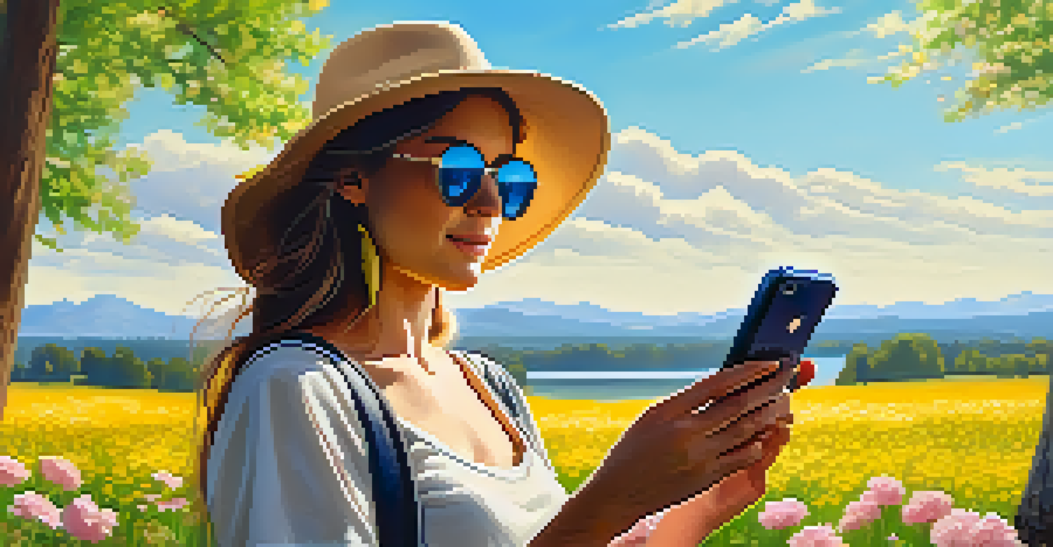 A woman checking pollen levels on her phone in a sunny park with flowers.