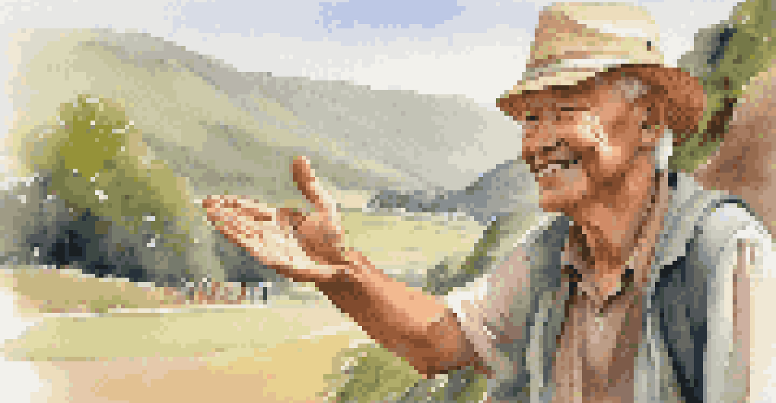 A traveler asking a local for permission to take a photo, with a beautiful landscape in the background.