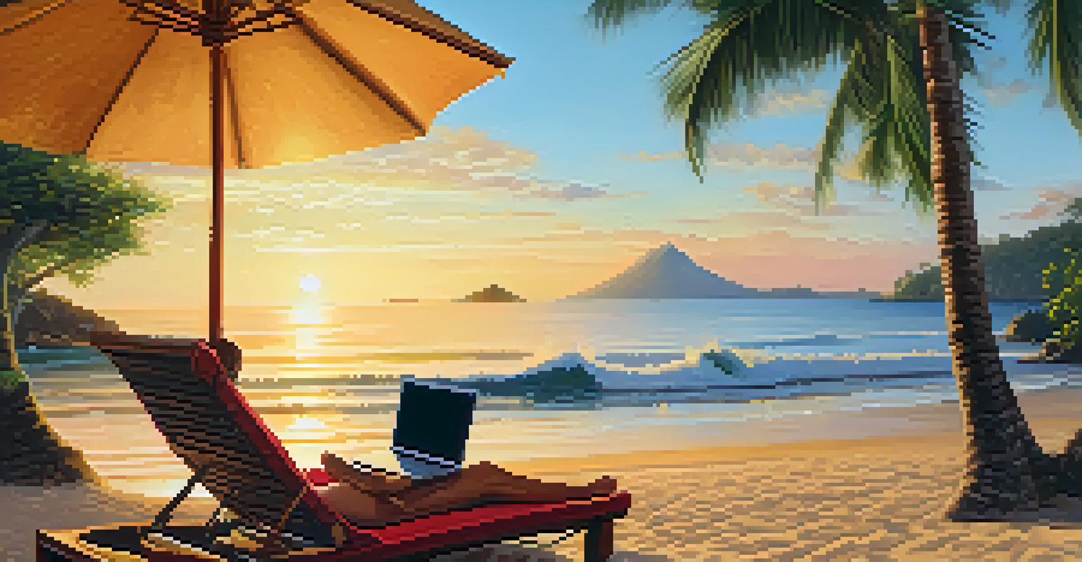 A person using a laptop on a beach in Bali at sunset, with palm trees and the ocean in the background.