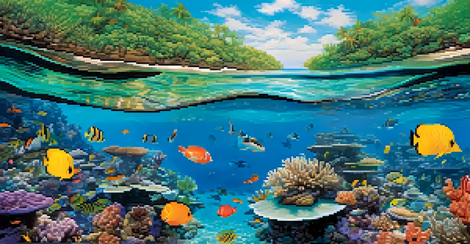 A wide view of the Great Barrier Reef with colorful corals and fish under clear blue water illuminated by sunlight.