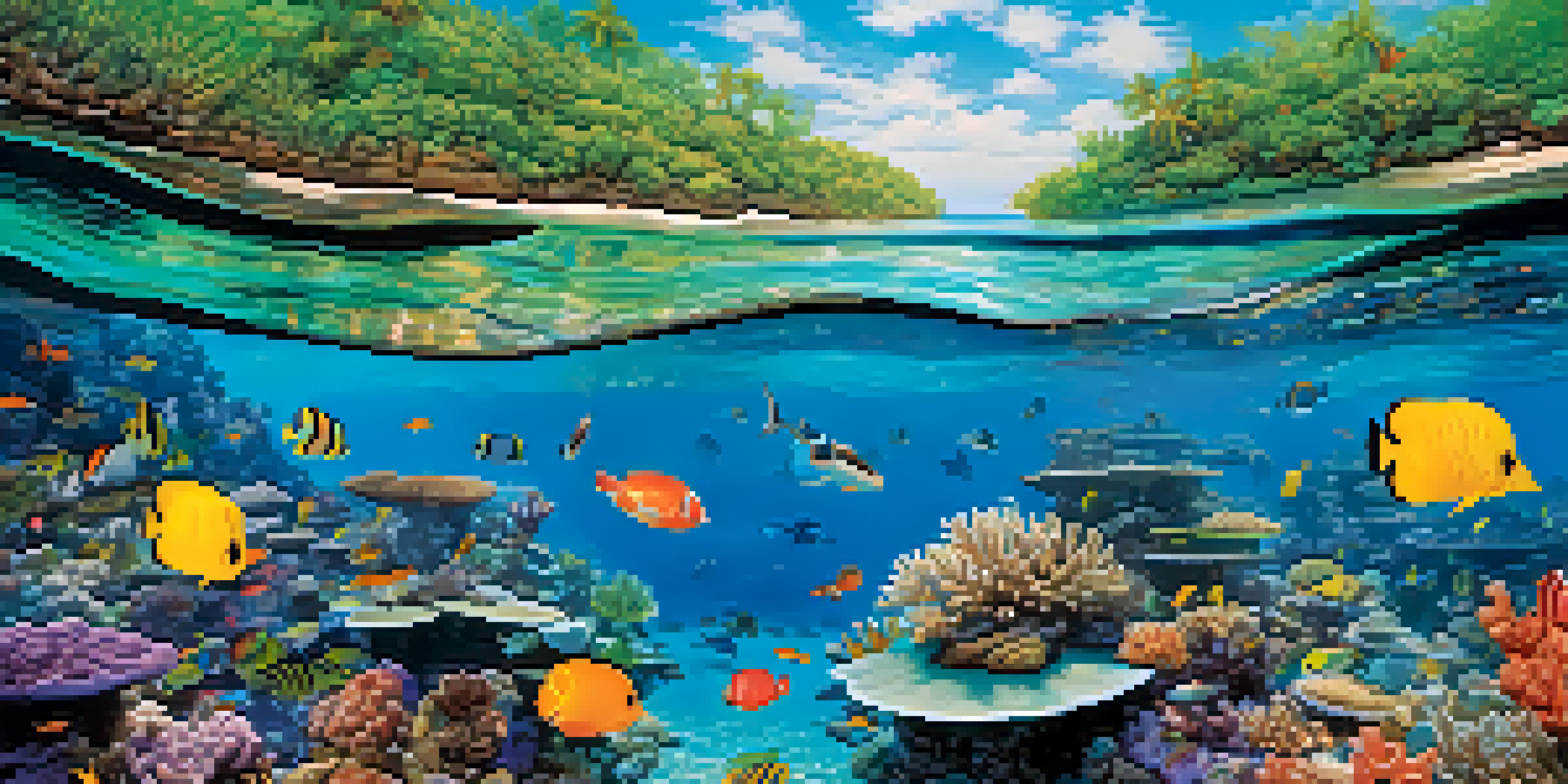 A wide view of the Great Barrier Reef with colorful corals and fish under clear blue water illuminated by sunlight.