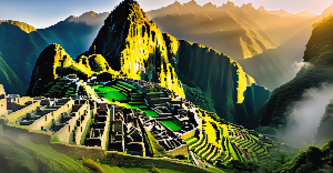 A panoramic view of Machu Picchu at sunrise, showcasing ancient Incan ruins surrounded by vibrant greenery and misty mountains.