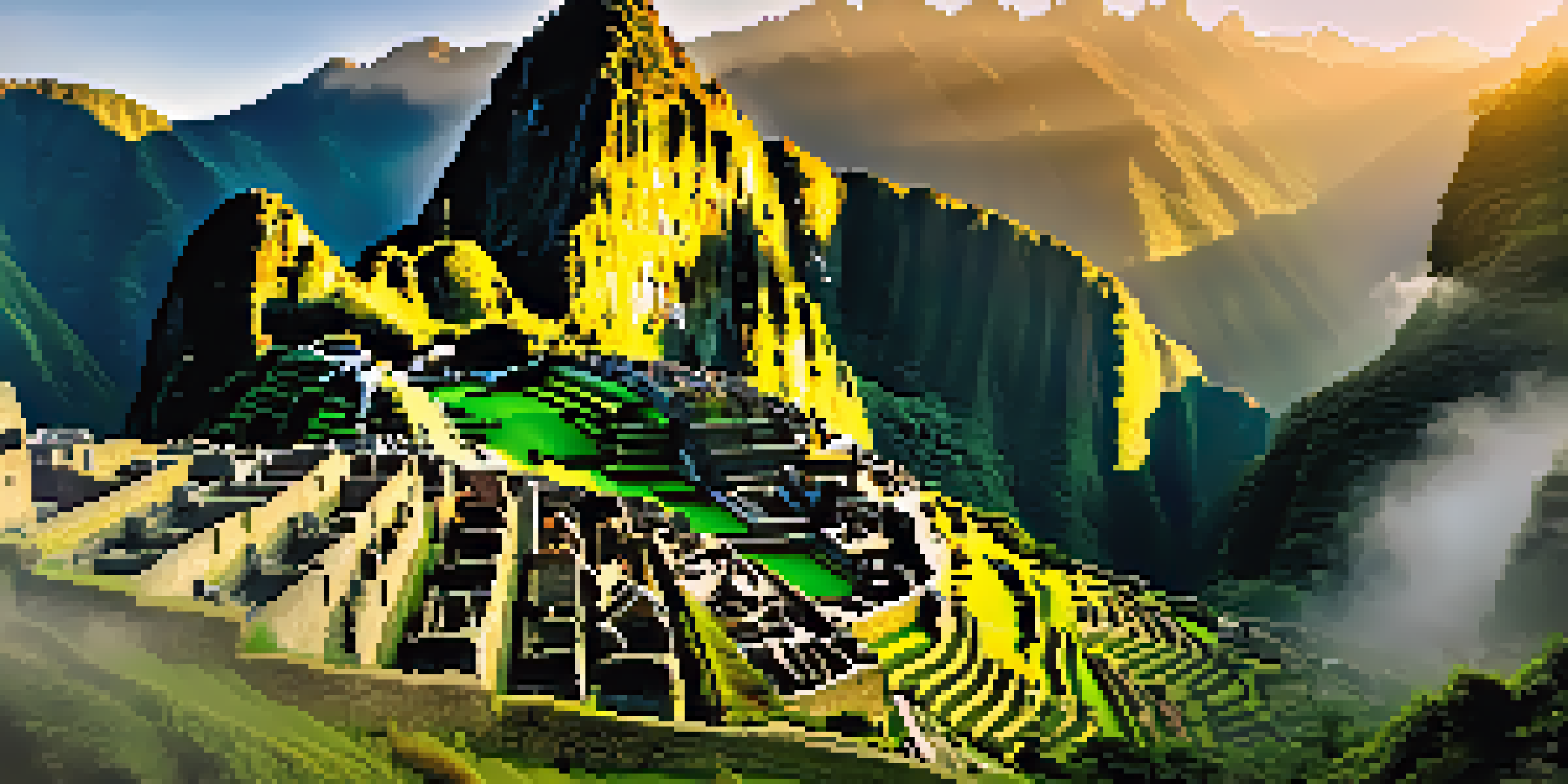 A panoramic view of Machu Picchu at sunrise, showcasing ancient Incan ruins surrounded by vibrant greenery and misty mountains.
