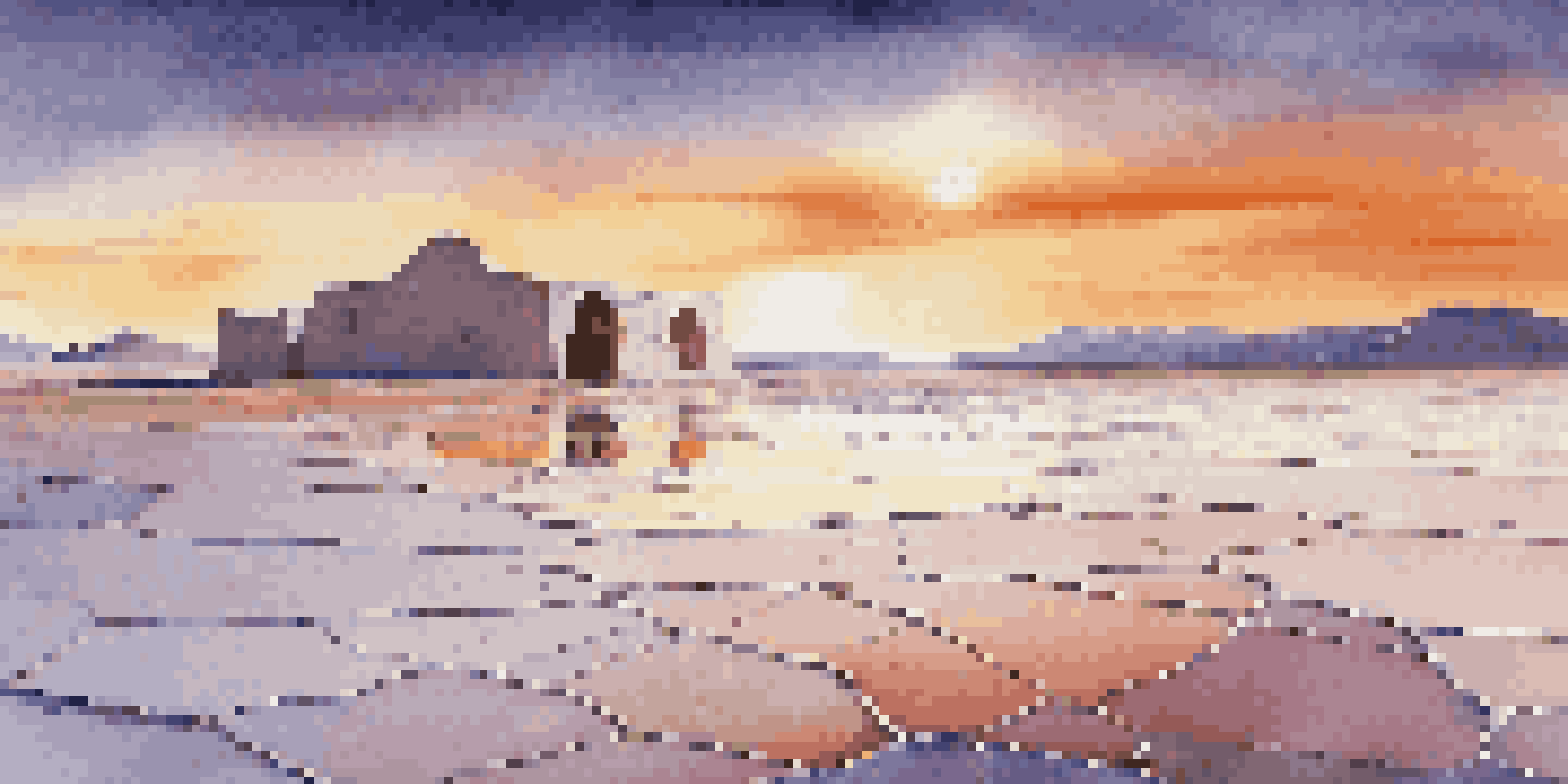 A breathtaking sunset over the Chott el Jerid salt flats in Tunisia, showcasing cracked salt textures and distant troglodyte dwellings under a vibrant sky.