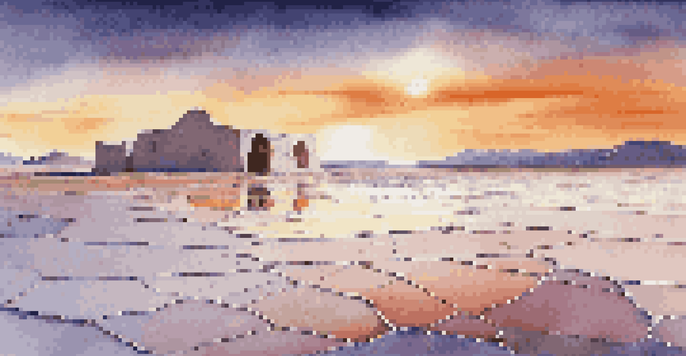 A breathtaking sunset over the Chott el Jerid salt flats in Tunisia, showcasing cracked salt textures and distant troglodyte dwellings under a vibrant sky.