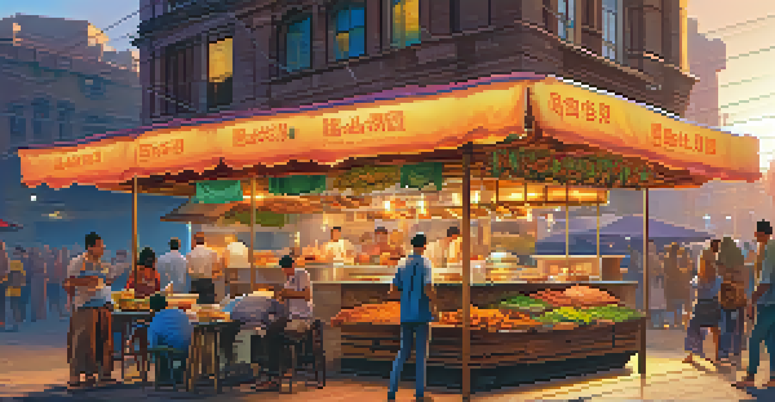 A street food stall at sunset, showcasing colorful dishes with steam rising, and people waiting in line to taste the food.