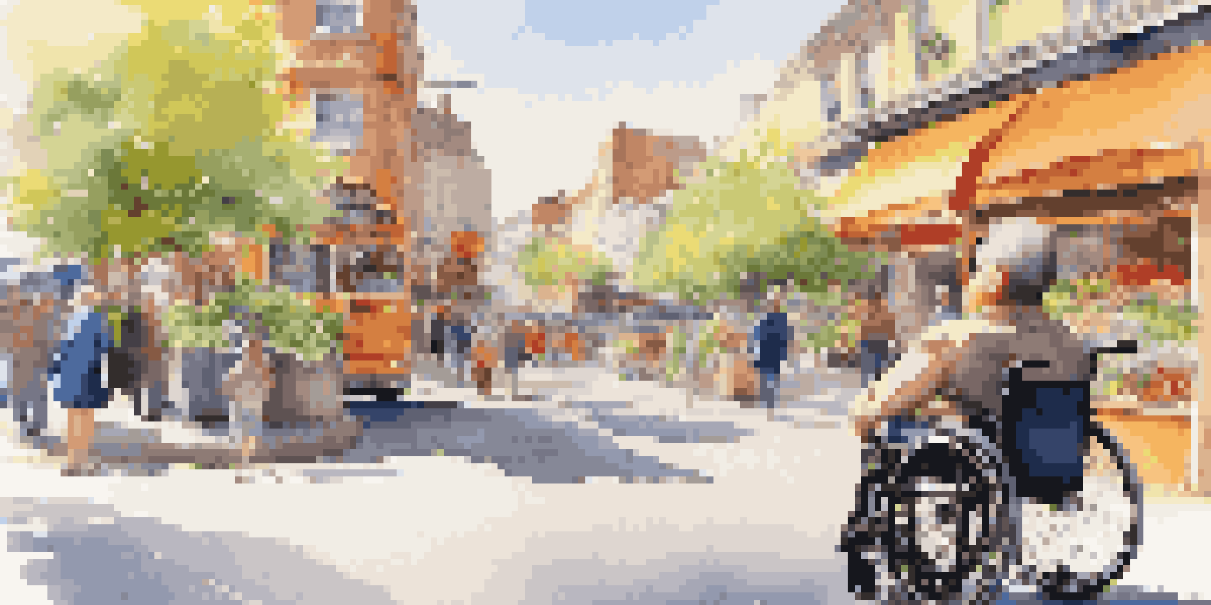 A disabled traveler in a wheelchair on a sunny city street with colorful shops and flowers, next to a bus stop with accessibility signs.