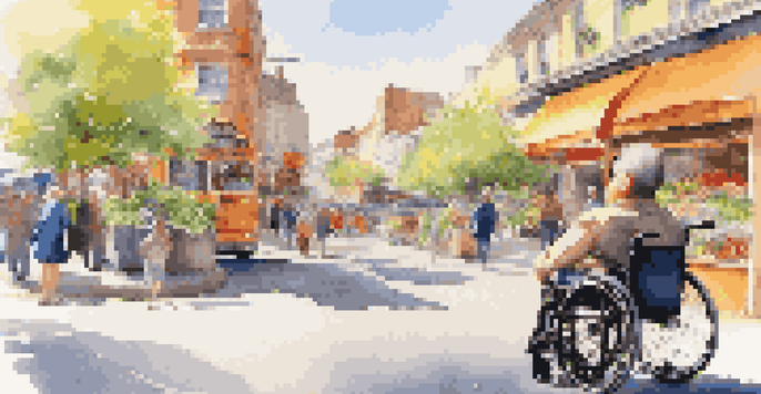 A disabled traveler in a wheelchair on a sunny city street with colorful shops and flowers, next to a bus stop with accessibility signs.
