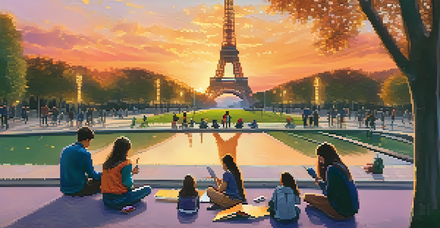 Students sketching the Eiffel Tower in Paris at sunset, with a colorful sky and park setting.