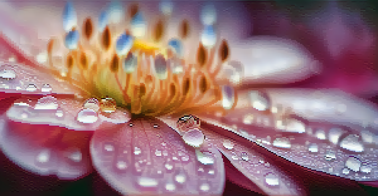 A macro image of a flower petal with dew drops, focusing on the textures and colors in soft light.