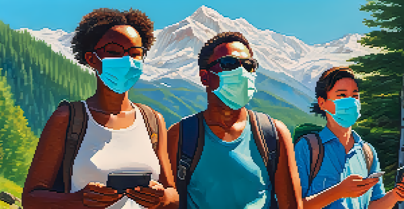 A group of diverse travelers in a mountain setting, wearing masks and smiling while holding maps and smartphones.