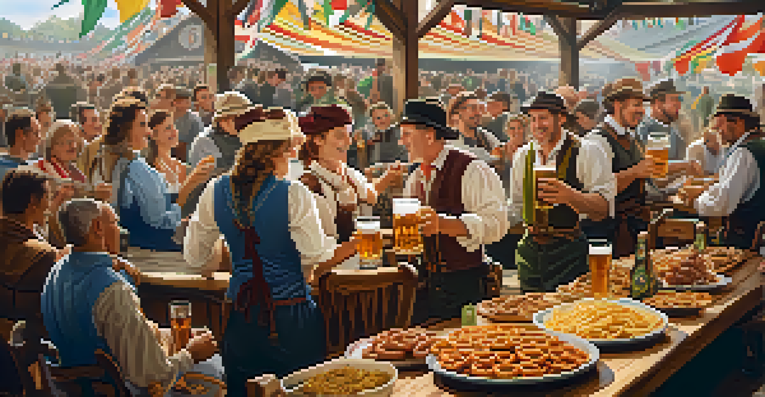 A festive Oktoberfest table with pretzels, sausages, and beer mugs, surrounded by people in traditional outfits celebrating together.