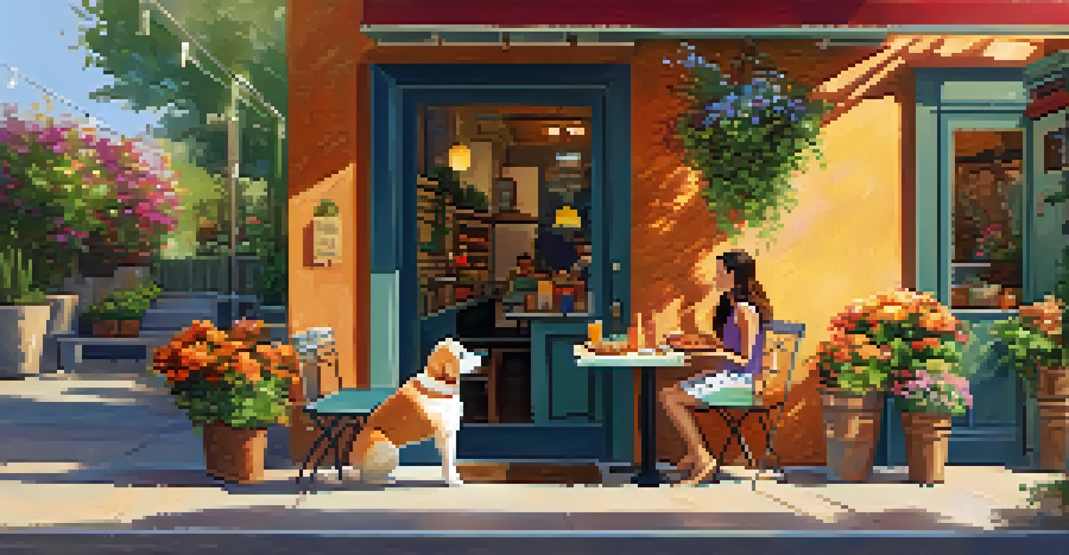 A dog sitting beside its owner at a pet-friendly outdoor restaurant patio with colorful flowers.