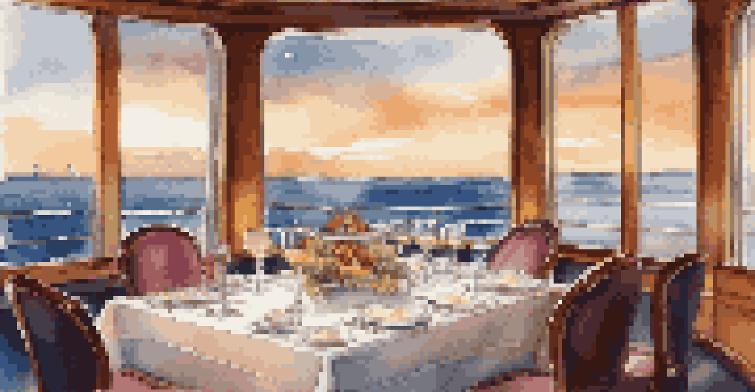 A beautifully arranged dining table for one on a cruise ship, overlooking the ocean.