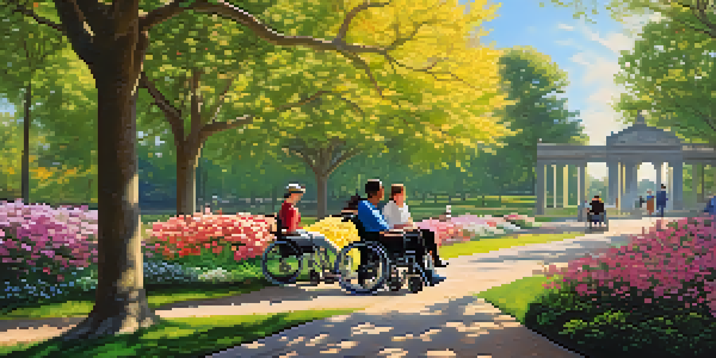 A peaceful park with a diverse group of disabled travelers, including a person in a wheelchair, a visually impaired individual with a guide dog, and a person using crutches, all enjoying the surroundings.
