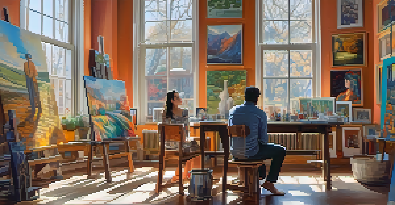 A couple in an art studio, one painting and the other admiring the artwork, with colorful art around them.