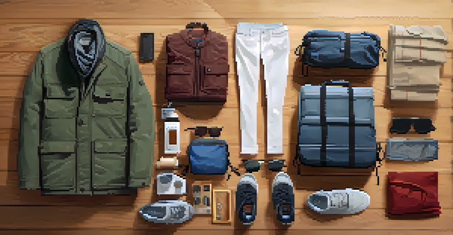 A well-organized packing scene with rolled clothes and travel gear on a wooden surface.