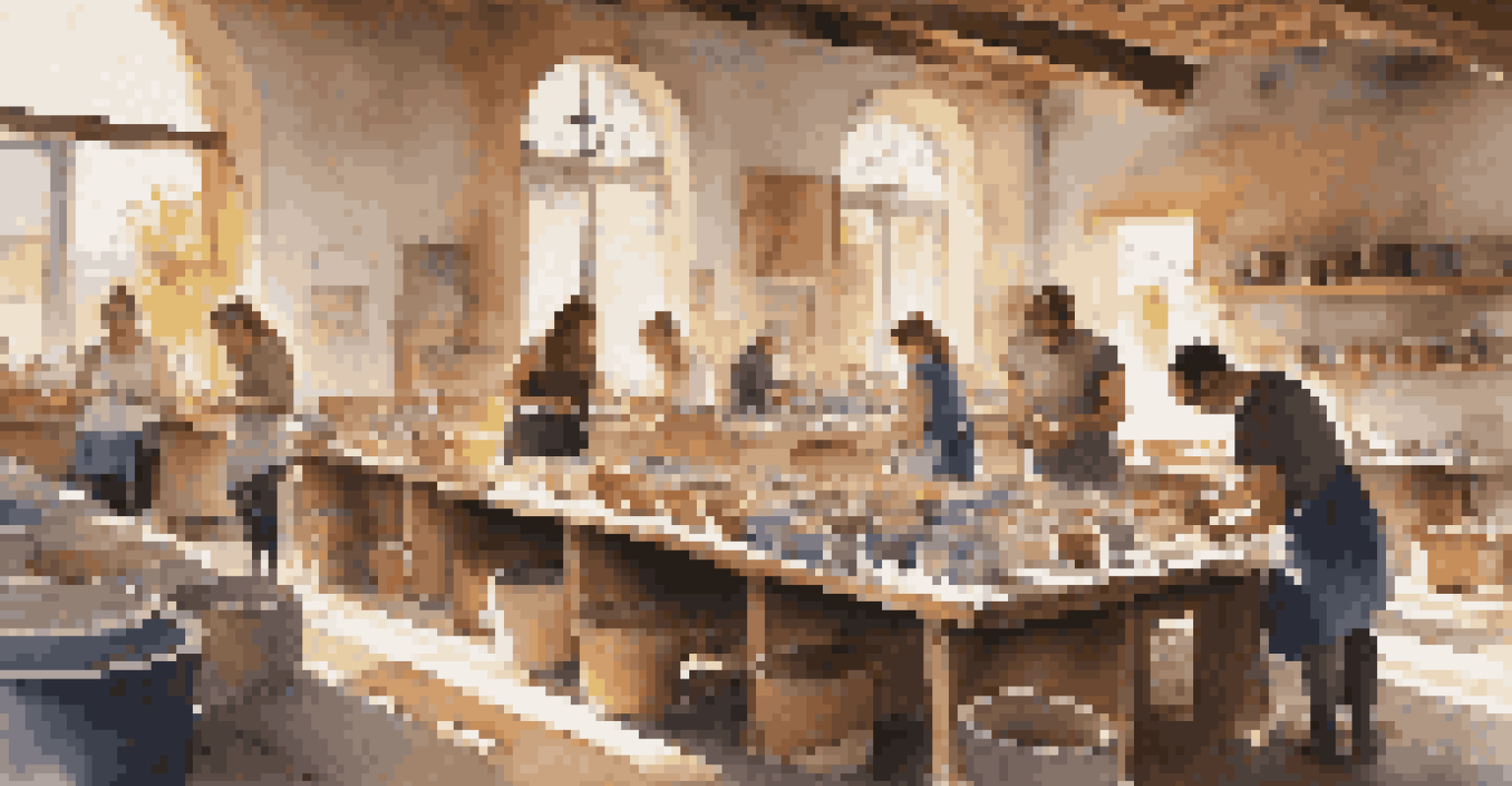 An artist's workshop in Italy with diverse individuals participating in a pottery class, surrounded by art supplies and natural light.