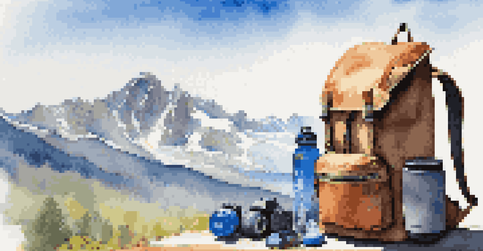 Eco-friendly travel gear displayed against a picturesque mountain backdrop, including a recycled backpack and solar charger.