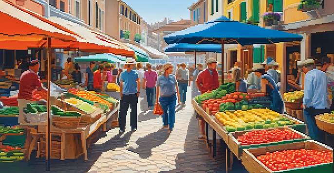 Tourists exploring a lively port market with colorful stalls and a cruise ship docked nearby.