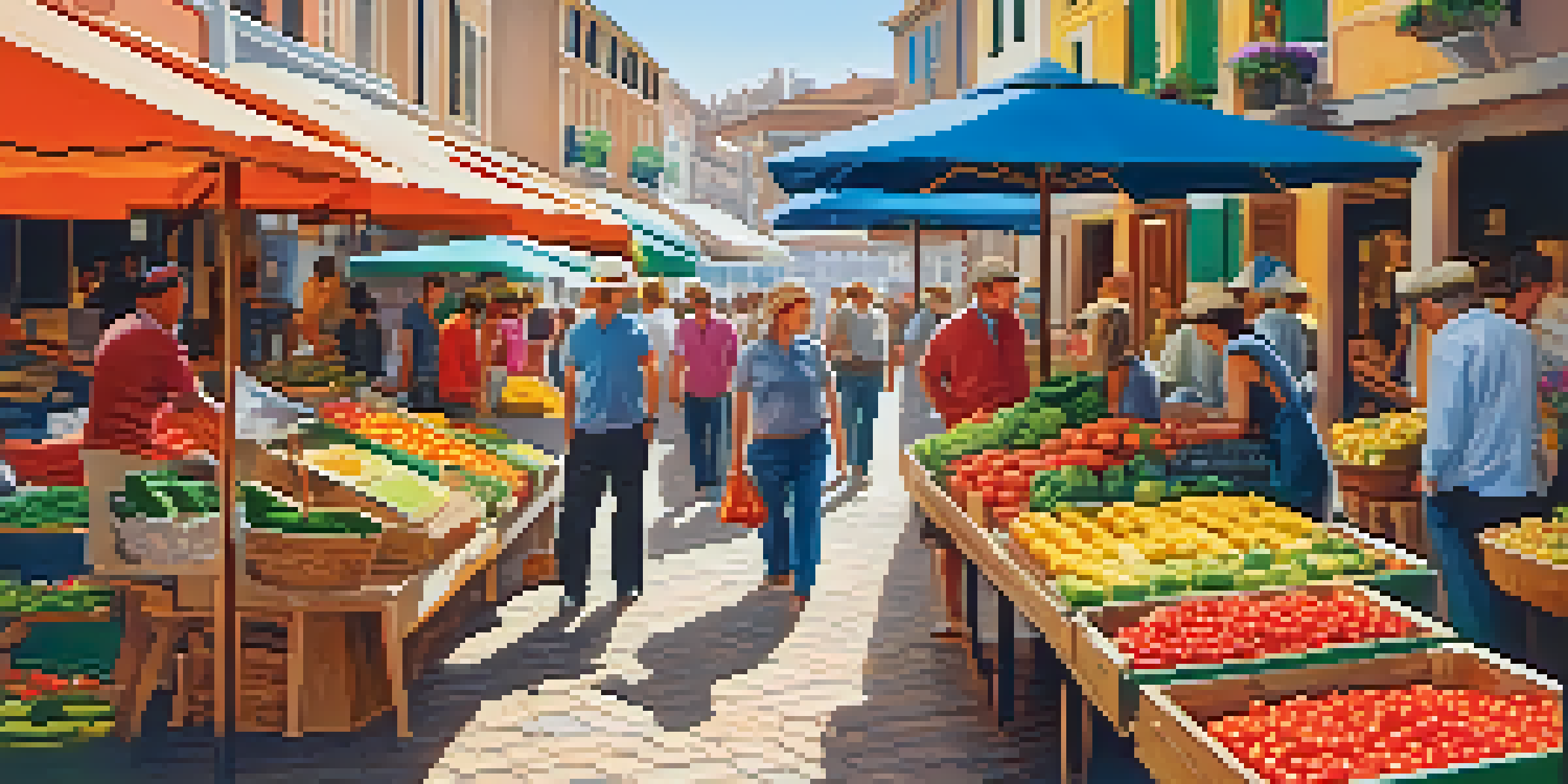 Tourists exploring a lively port market with colorful stalls and a cruise ship docked nearby.