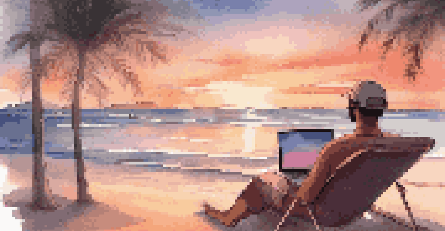 A person working on a laptop at the beach during sunset, with palm trees in the background.