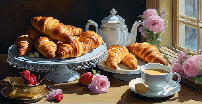 A variety of French pastries including croissants and éclairs on a wooden table, with soft morning light and fresh flowers in the background.