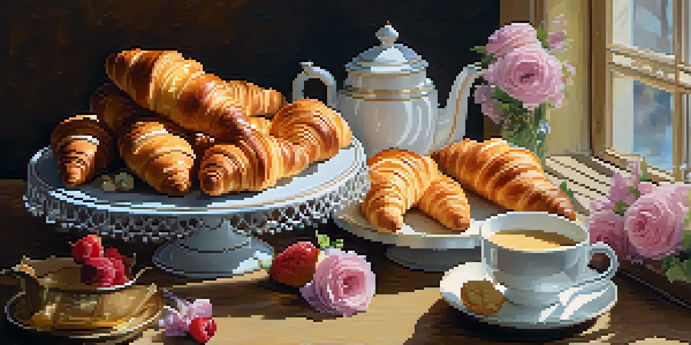 A variety of French pastries including croissants and éclairs on a wooden table, with soft morning light and fresh flowers in the background.