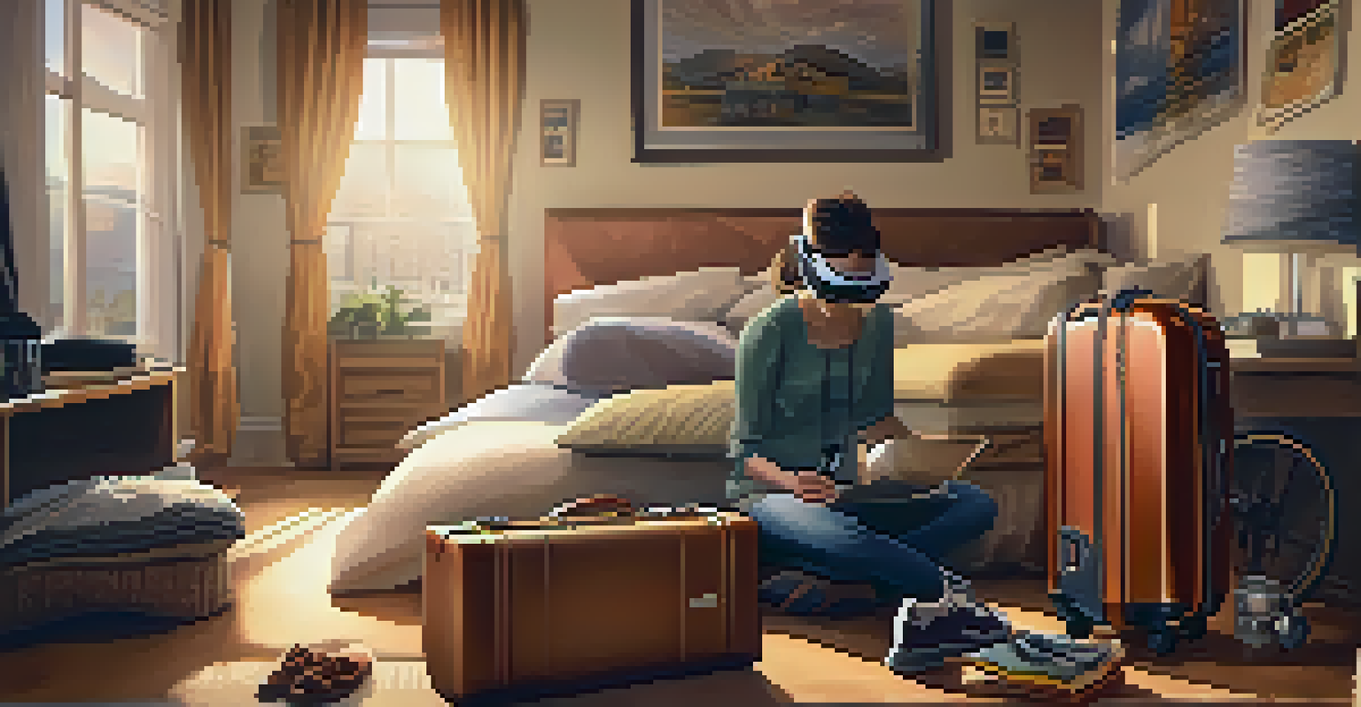 A person wearing virtual reality goggles, visualizing packing a suitcase in a cozy room with travel items around.