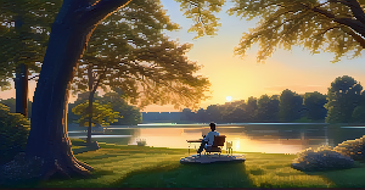 A remote worker sits on a picnic blanket in a park, typing on a laptop with trees and a pond in the background.