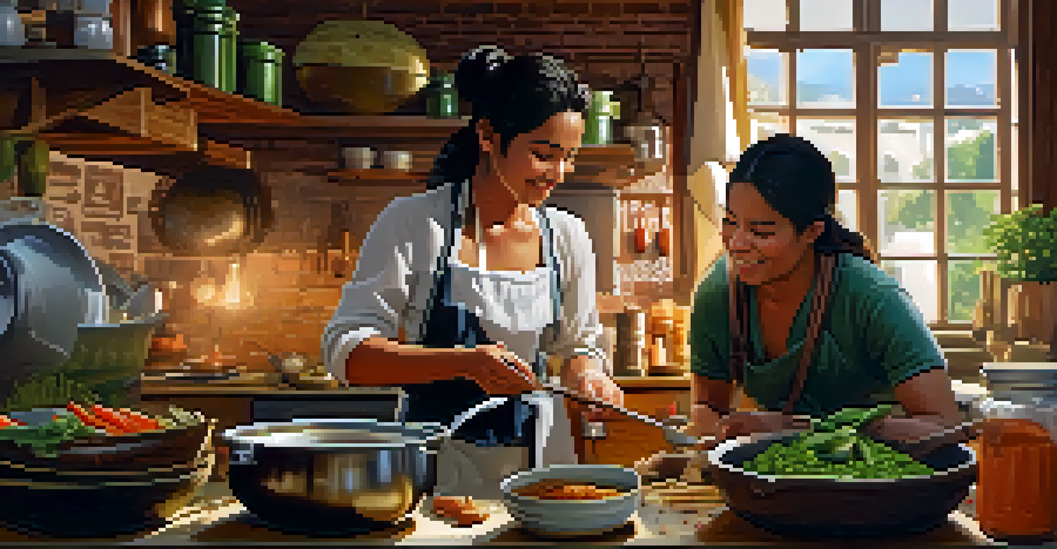 A traveler learning to cook a traditional dish in a cozy kitchen with a local chef, surrounded by fresh ingredients and cooking tools.