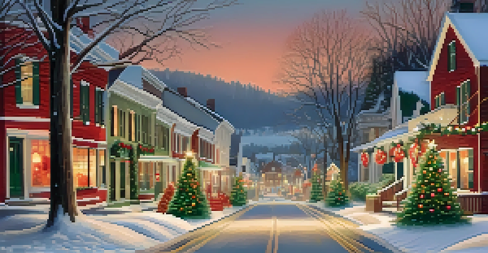 A quaint small town decorated for the holidays with snow-covered streets and cozy houses adorned with wreaths and festive lights.