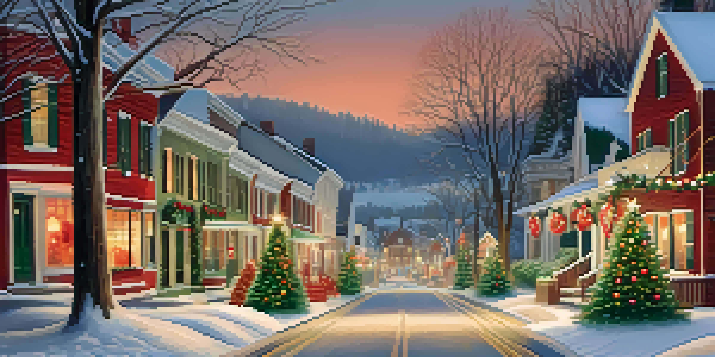 A quaint small town decorated for the holidays with snow-covered streets and cozy houses adorned with wreaths and festive lights.