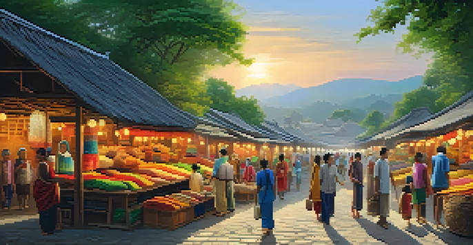A vibrant market scene where tourists interact with local artisans, surrounded by colorful crafts and traditional buildings under warm sunlight.