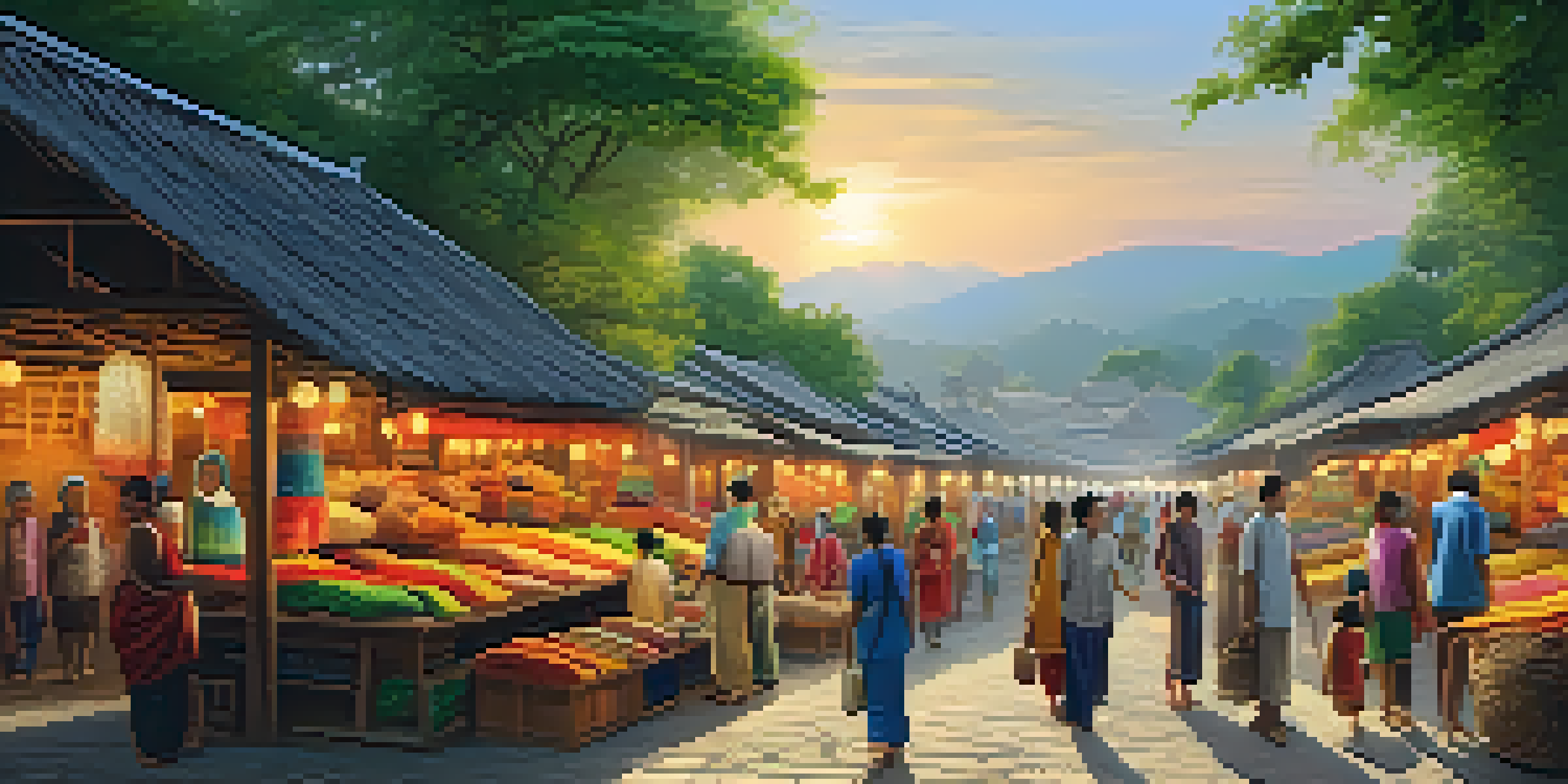A vibrant market scene where tourists interact with local artisans, surrounded by colorful crafts and traditional buildings under warm sunlight.